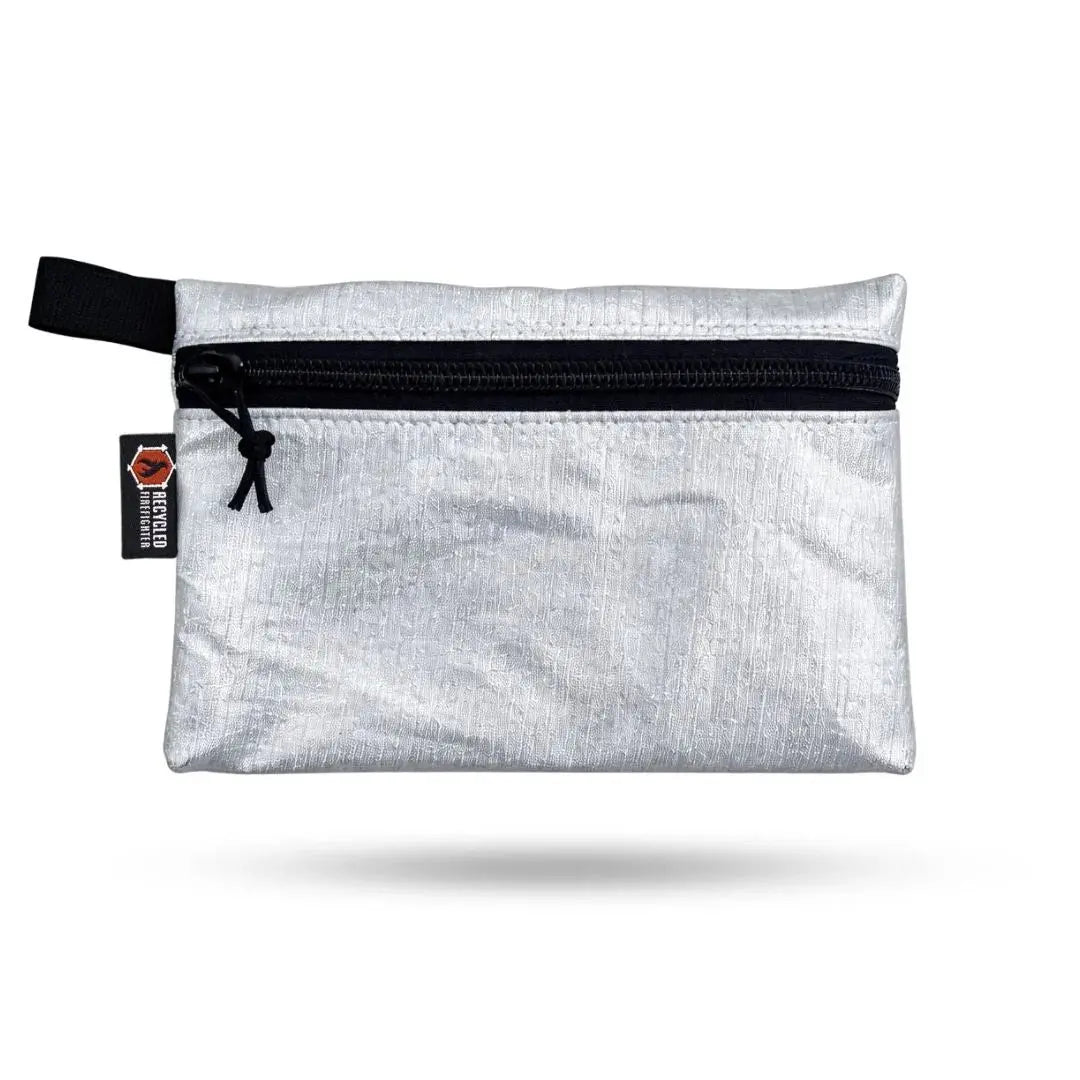 Recycled Firefighter flat zippered pouch in silver with black zipper