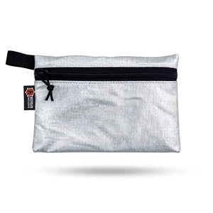 Recycled Firefighter flat zippered pouch in silver with black zipper