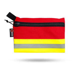 Red, yellow, and gray reflective stripe Truckie large zippered gear pouch with black zipper.