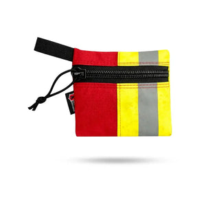 Small red and yellow zippered pouch with reflective stripes and black accents