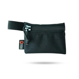 Black small zippered gear pouch with red "Recycled Firefighter" tag.