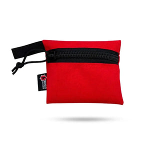 Red small gear pouch with black zipper and "RECYCLED FABRIC" tag.