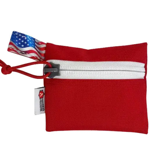 Red zippered pouch with American flag fabric accent and pull cord