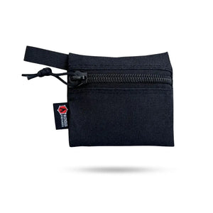 Small black zippered pouch with a tag indicating recycled material.