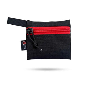 Small black gear pouch with red zipper and black webbing loop.