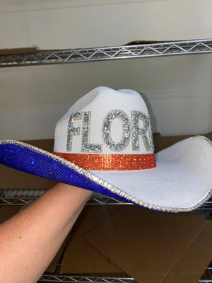 White University of Florida cowboy hat with rhinestones and "FLORIDA" text.