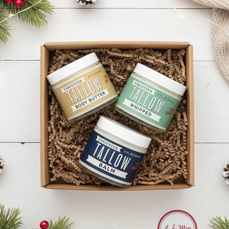 Unscented Tallow Skincare 9oz Trio - Whipped Moisturizer, Body Butter & Balm | Lady May Tallow The Lady May