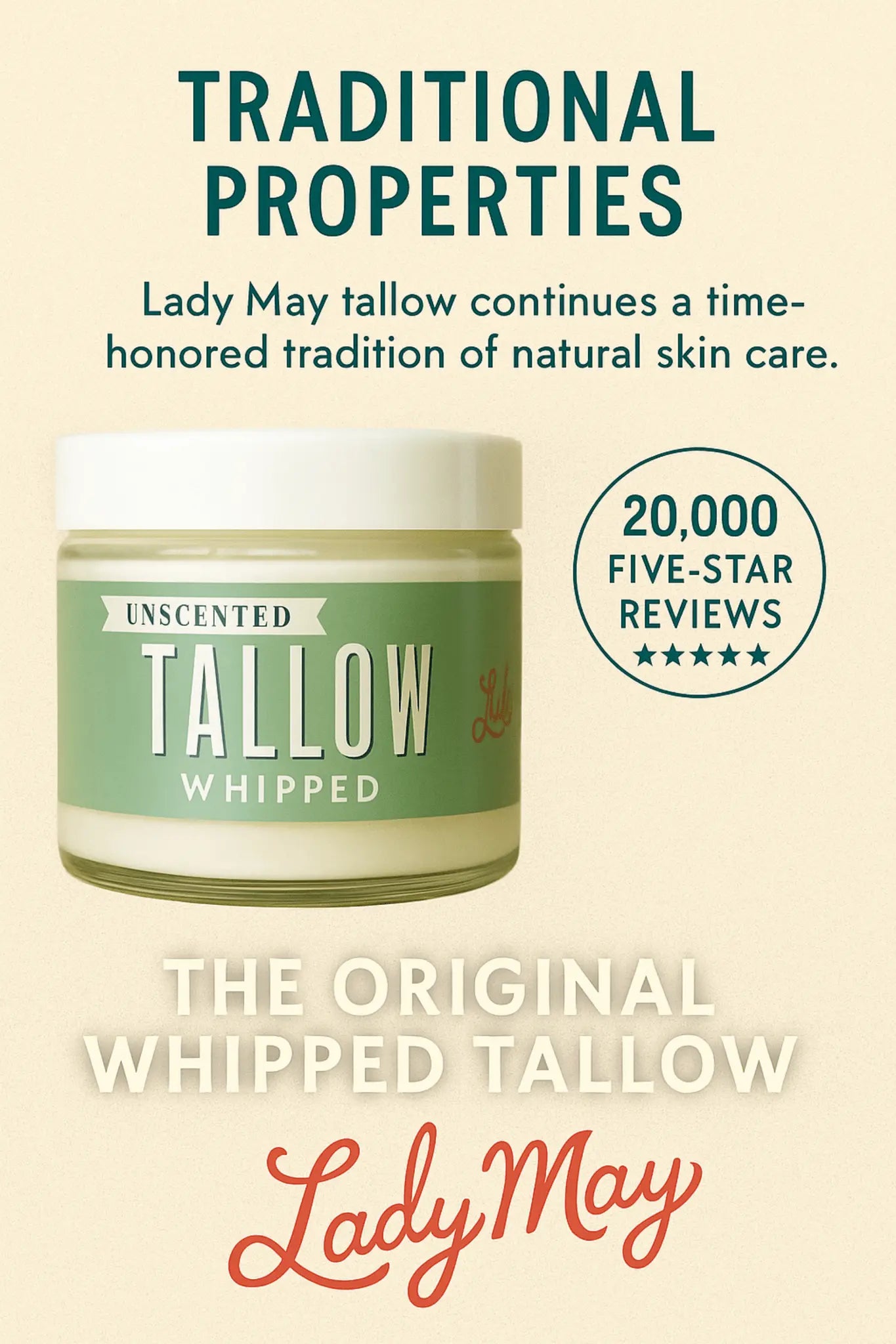 Unscented Tallow Skincare 9oz Trio - Whipped Moisturizer, Body Butter & Balm | Lady May Tallow The Lady May