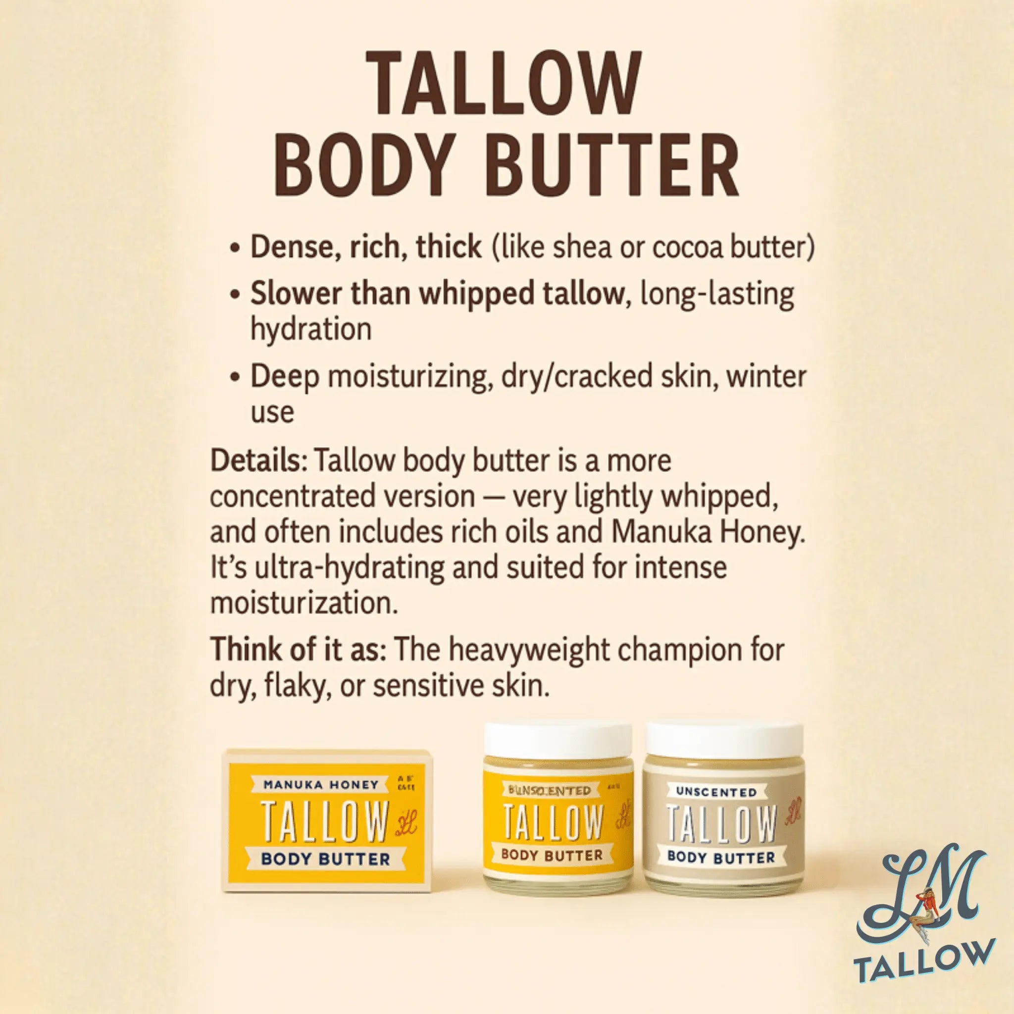Unscented Tallow Skincare 9oz Trio - Whipped Moisturizer, Body Butter & Balm | Lady May Tallow The Lady May