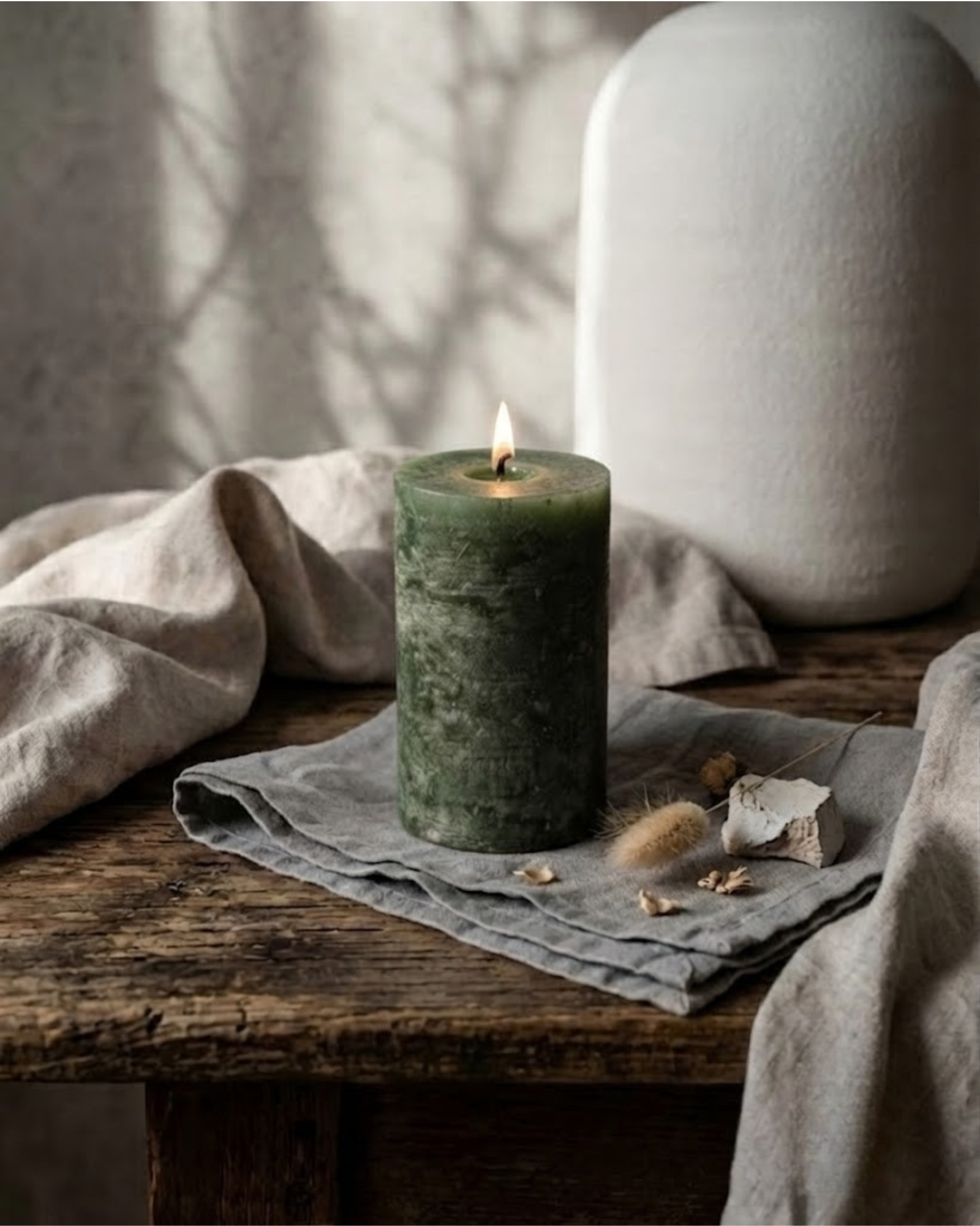 Forest green textured pillar candles by Believe Candle in multiple heights