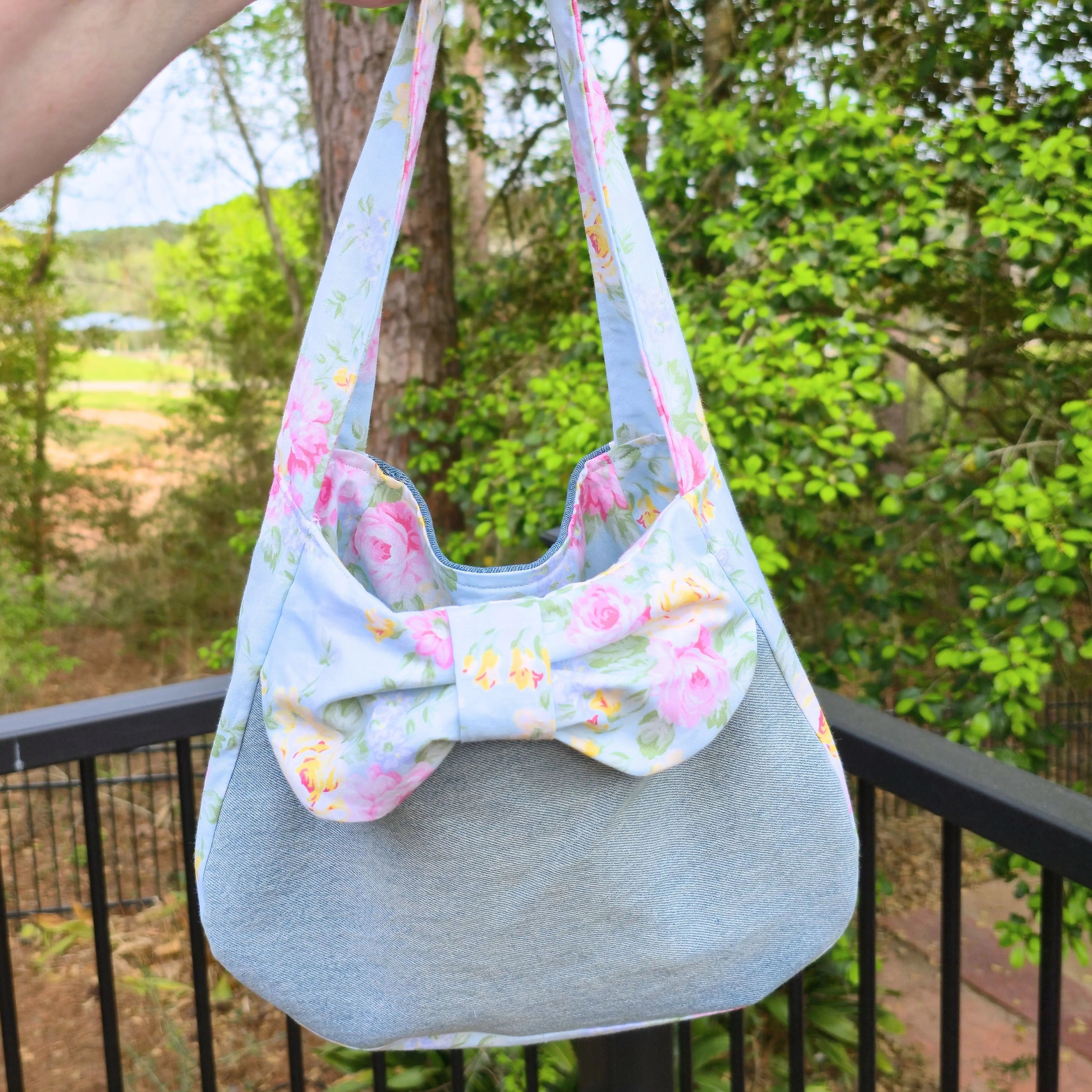 Upcycled Denim Shoulder Bag with Floral Bow, Handmade Denim Purse, Small Hobo Bag by Maypop House Designs, handmade leather goods detail photo 2