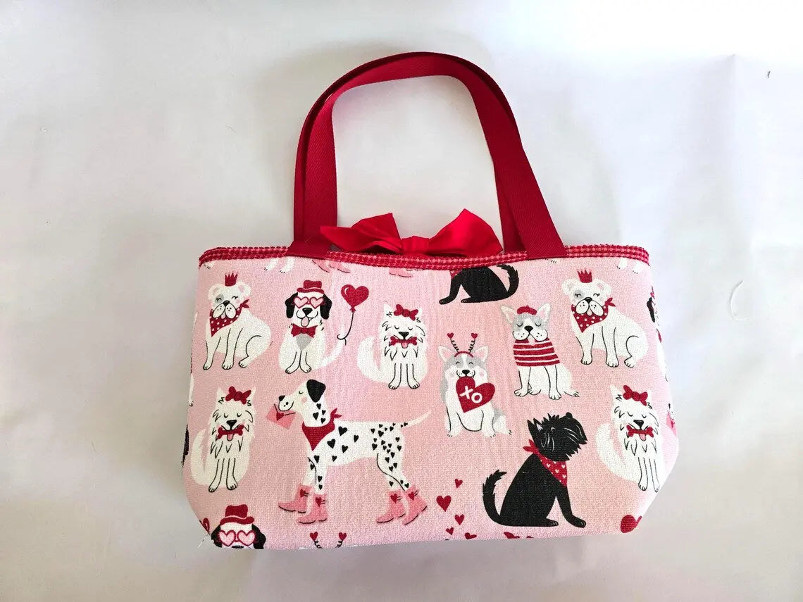 Valentine Dog Print Tote Bag – Handmade Pink Puppy Shoulder Bag, Cute Dog Lover Gift, Red Strap Everyday Carryall by Maypop House Designs, paper gift detail photo 5