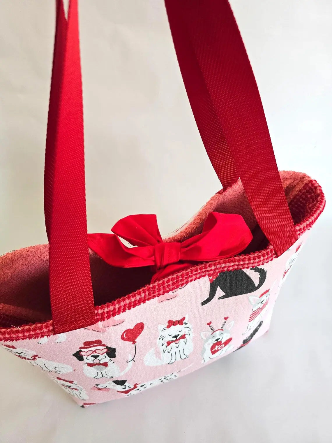 Valentine Dog Print Tote Bag – Handmade Pink Puppy Shoulder Bag, Cute Dog Lover Gift, Red Strap Everyday Carryall by Maypop House Designs, paper gift detail photo 6