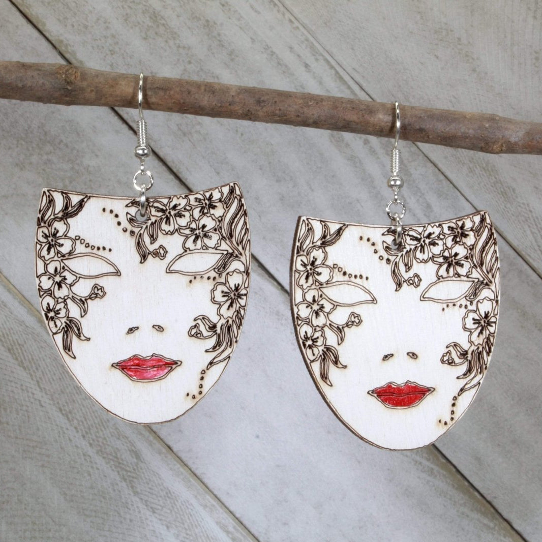 Venetian Mask Wooden Dangle Earrings | Masquerade Jewelry