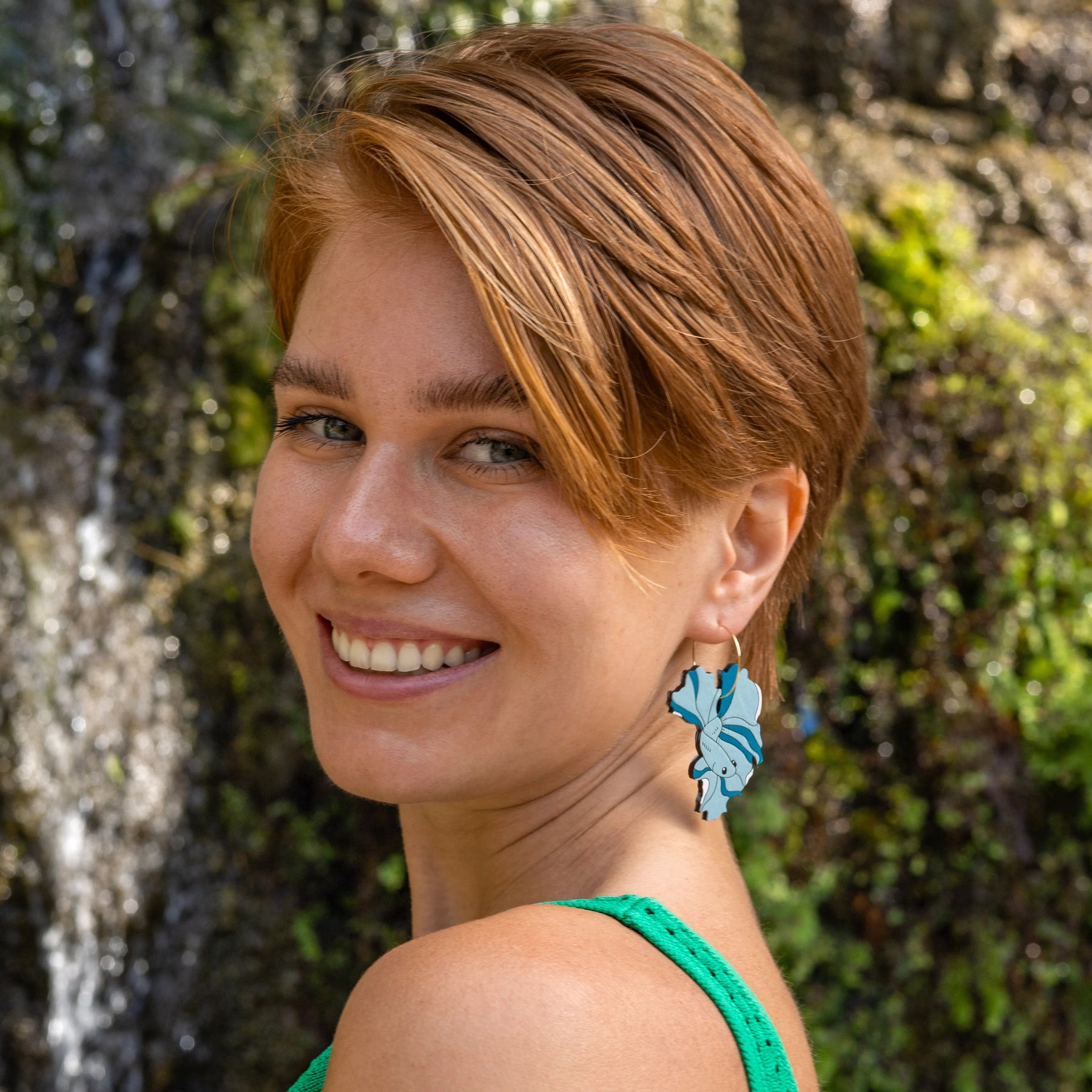 Additional view of Betta Fish Hoop Earrings, Blue hand painted on lightweight wood by LE CHIC MIAMI