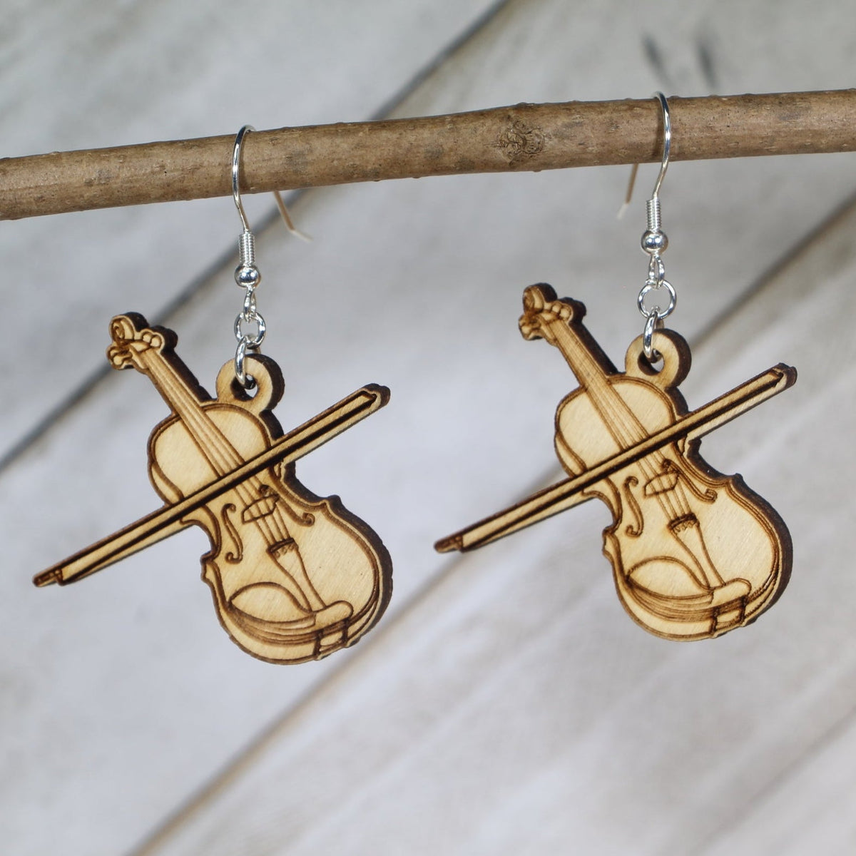 Violin Wooden Dangle Earrings | Music Instrument Jewelry detail view by Cate's Concepts, LLC