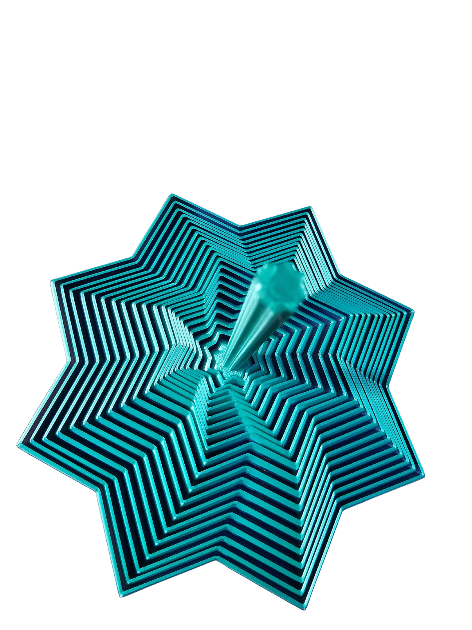 Blue 3D expanding star fidget toy. Geometric design expands from hexagon to multi-pointed star. Visible layers and a rod in the center.