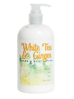 White Tea & Ginger Hand & Body Lotion bottle with pump dispenser.