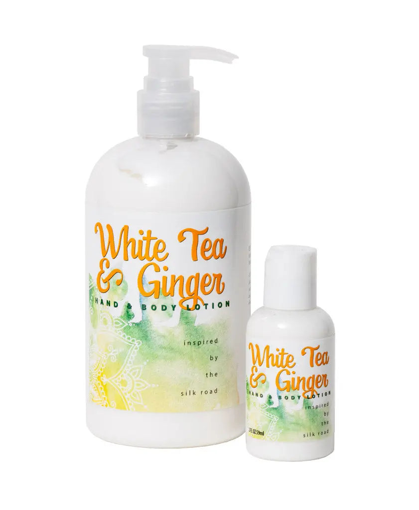 White Tea & Ginger Hand & Body Lotion in 16 oz pump bottle and 2 oz travel size.