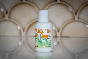 White Tea & Ginger hand and body lotion bottle, travel size.