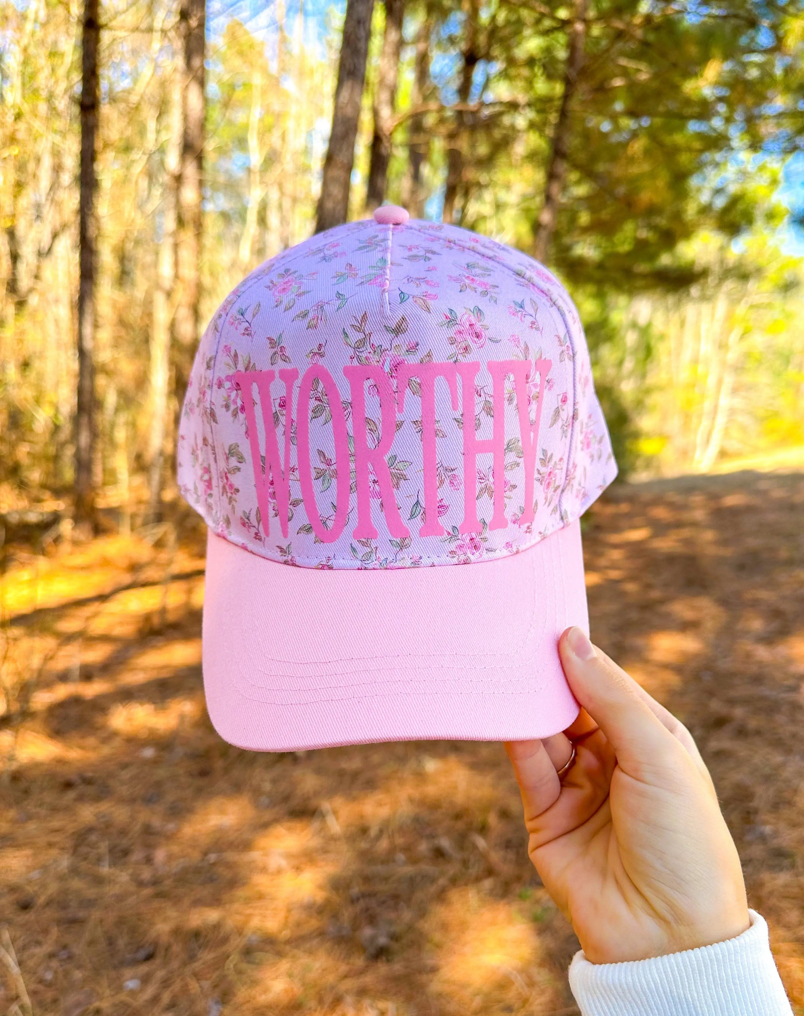 WORTHY Floral Light Pink Trucker Hat by Southern Bliss Company, Southern lifestyle apparel main product photo