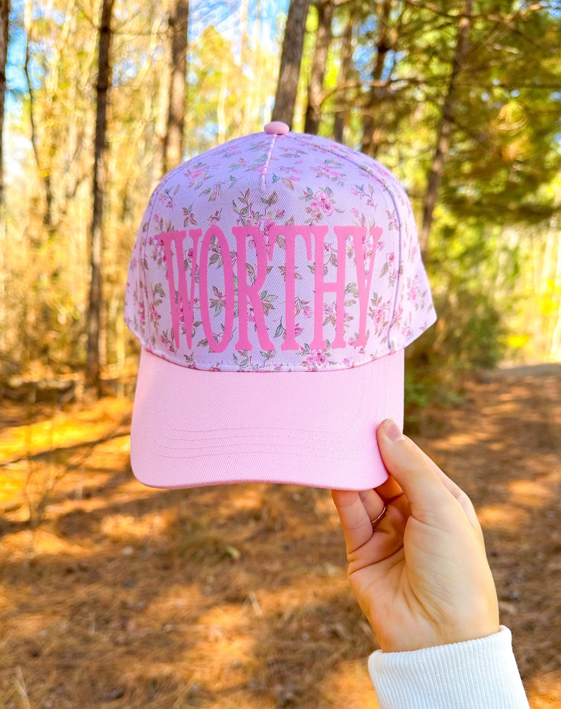 WORTHY Floral Light Pink Trucker Hat by Southern Bliss Company, Southern lifestyle apparel detail photo 3
