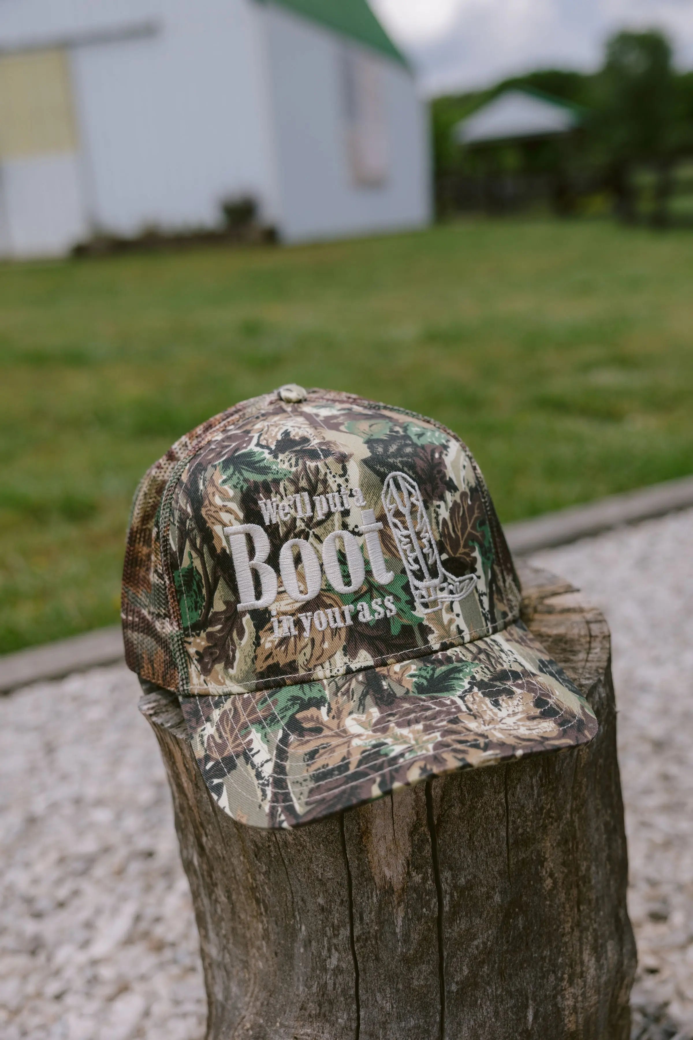 We'll Put A Boot in your Ass - Camo Trucker Hat by KenzKustomz, Southern lifestyle apparel detail photo 2