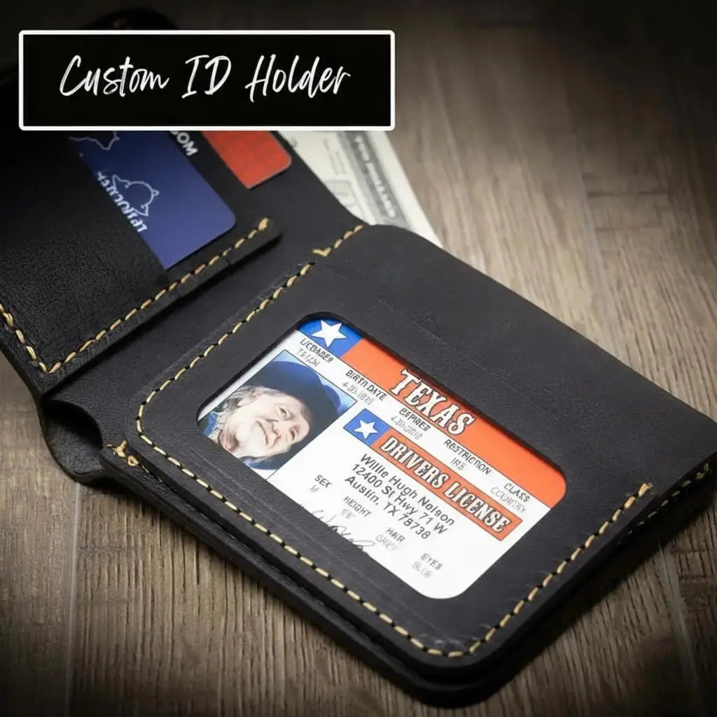 Black leather custom ID holder with Texas driver's license