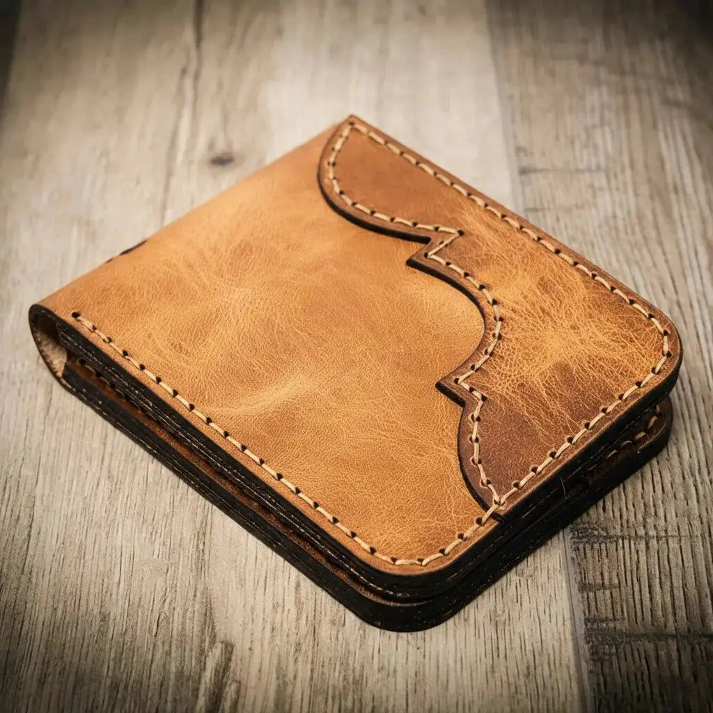 Brown leather bifold wallet with decorative stitching and Western flair.