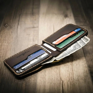 Dark brown leather bifold wallet with multiple card slots and cash pocket