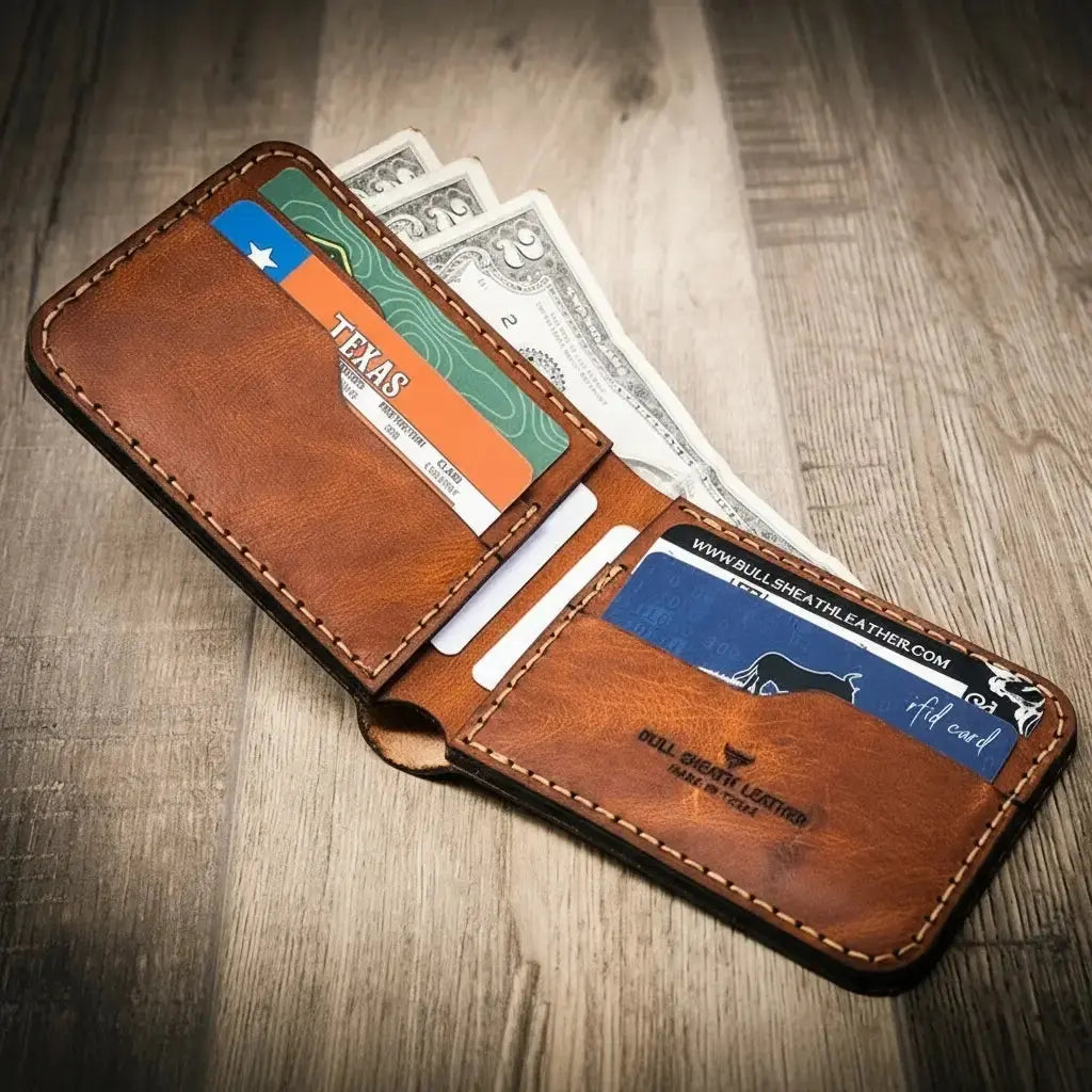 Brown leather bifold wallet with Texas ID and currency visible.