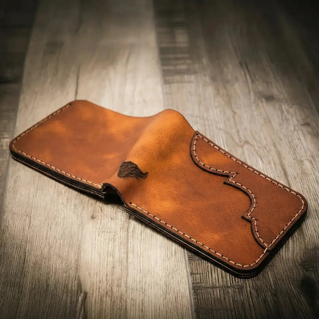 Brown leather bifold wallet with decorative stitching on a wooden surface