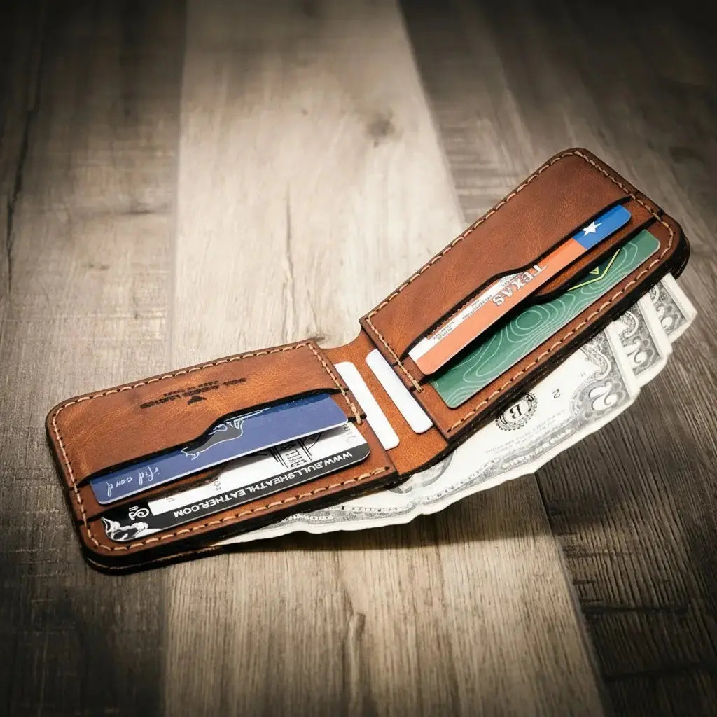 Brown leather bifold wallet with credit cards and US dollars