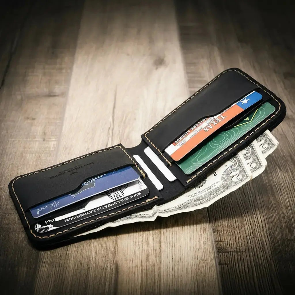 Black leather bifold wallet with cash and cards visible.