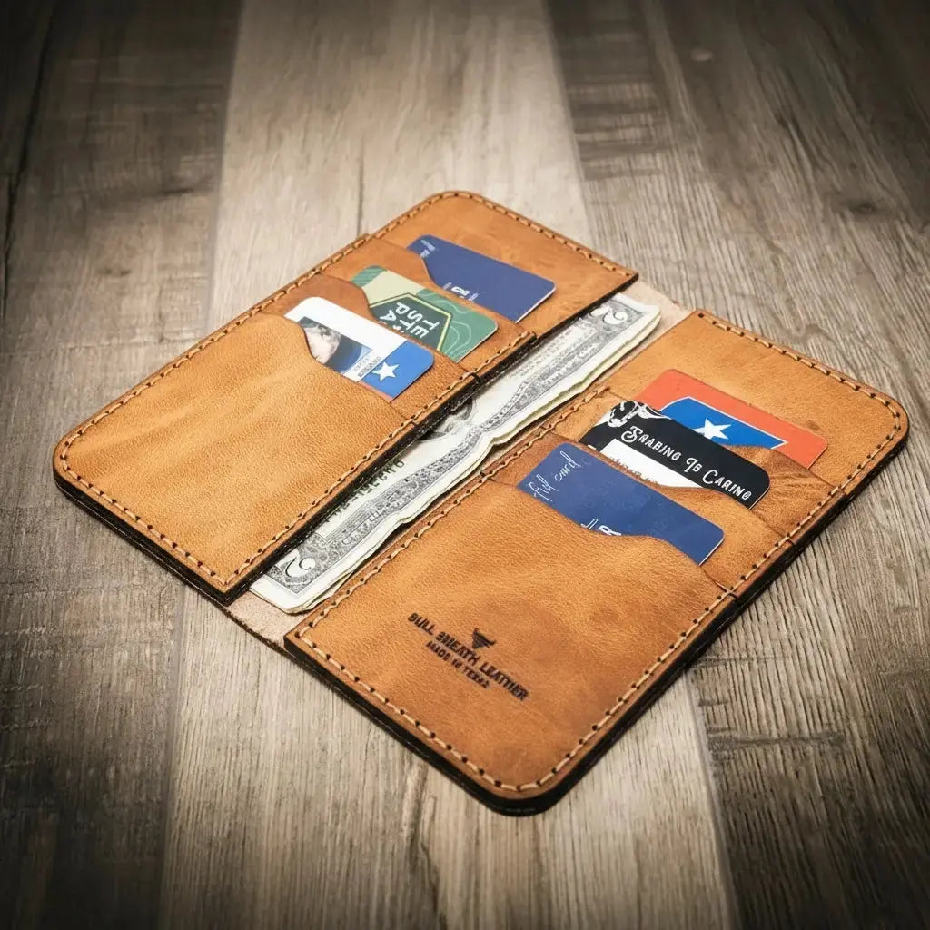Western Long Wallet shown closed with hand-finished leather edges