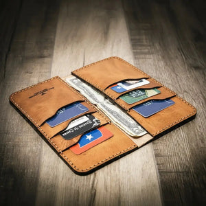 Full-grain leather texture and stitching on the Western Long Wallet