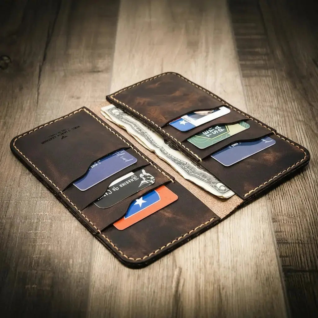 Close view of Western Long Wallet leather grain and finished edges