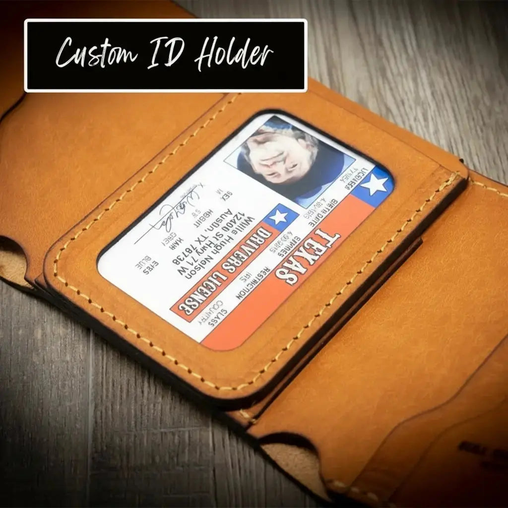 Brown leather trifold wallet with Texas driver's license inside.