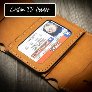 Brown leather trifold wallet with Texas driver's license inside.