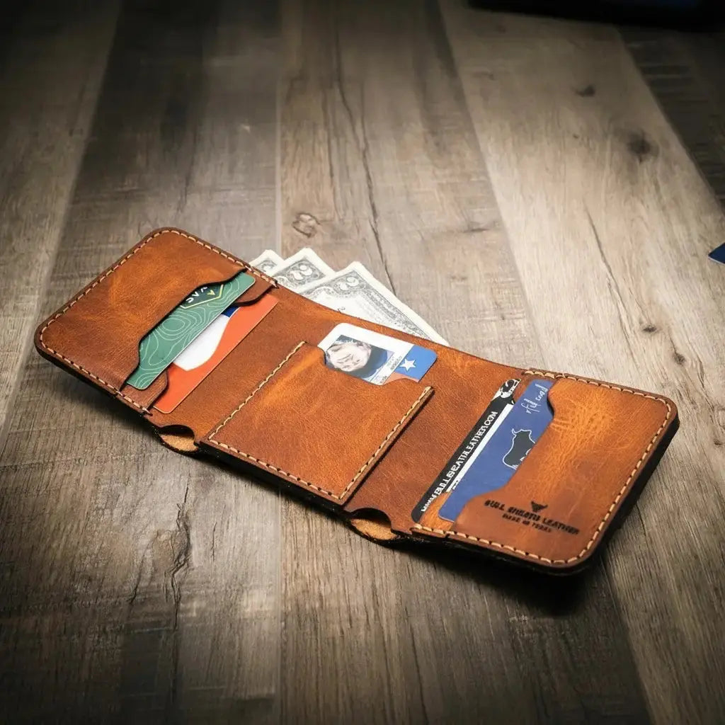 Brown leather trifold wallet holding cards and bills on a wooden surface.