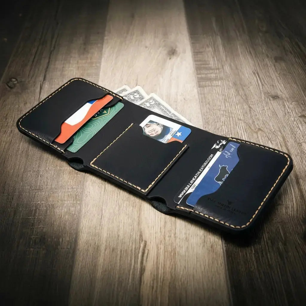 Black leather trifold wallet open with cards and cash inside.