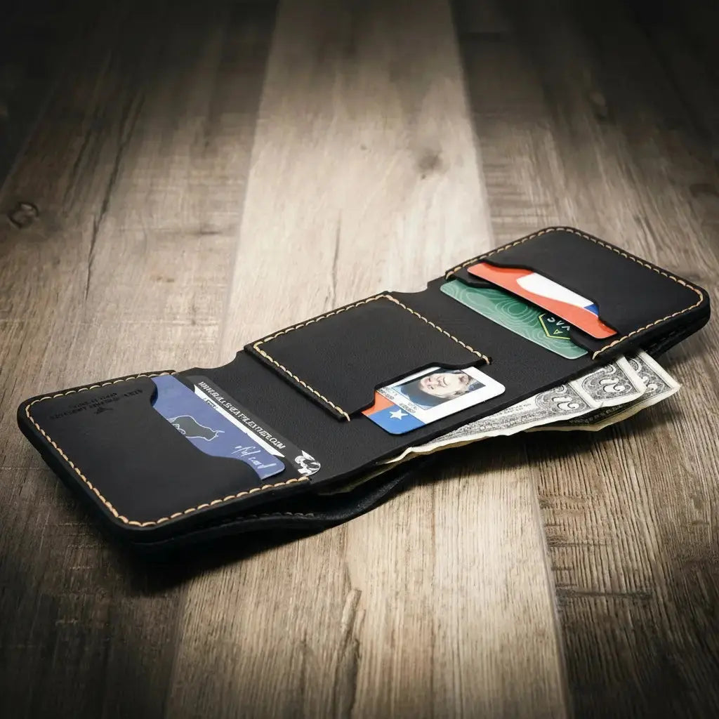 Black leather western trifold wallet with card slots and cash pocket.