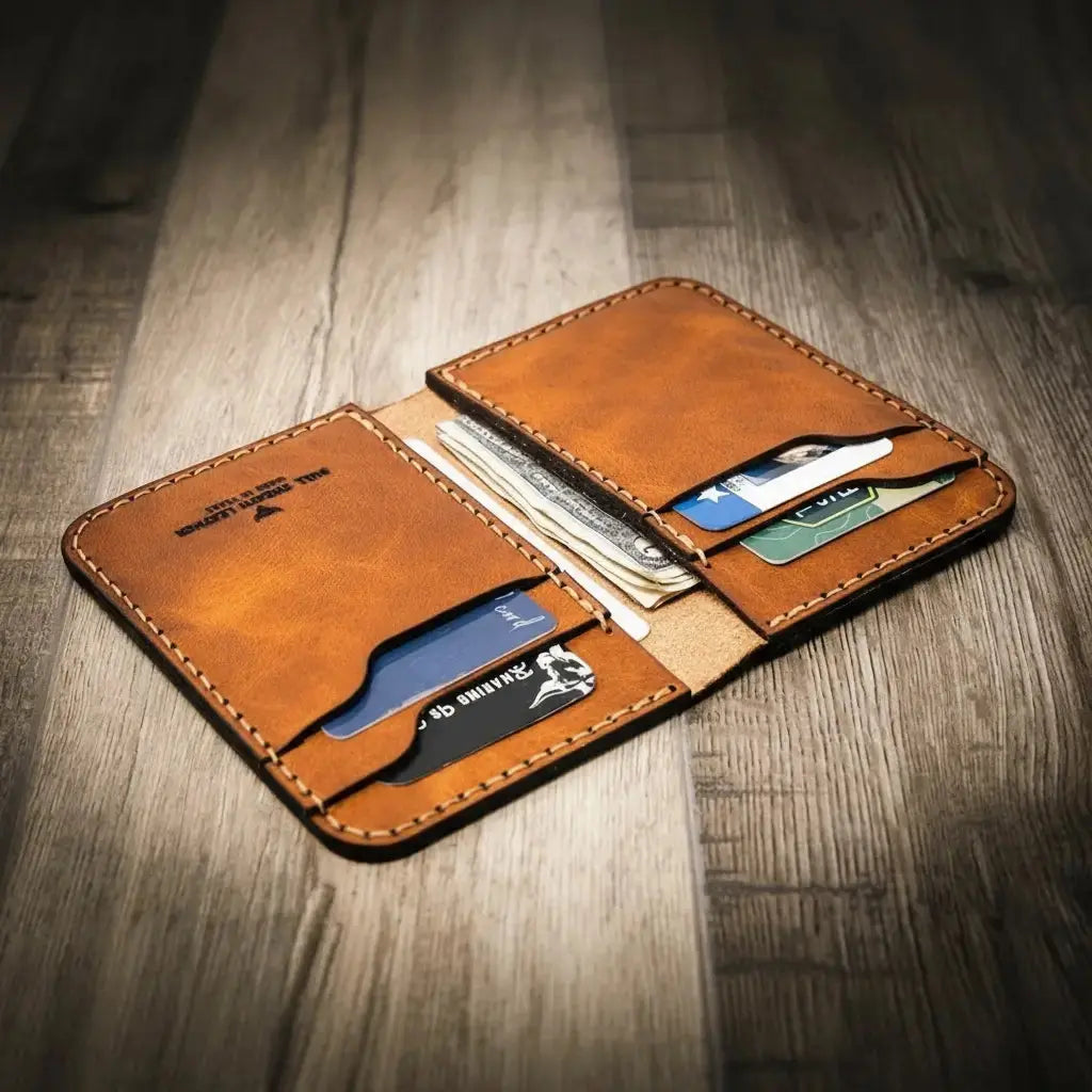 Handmade Western Vertical Wallet displayed partially open