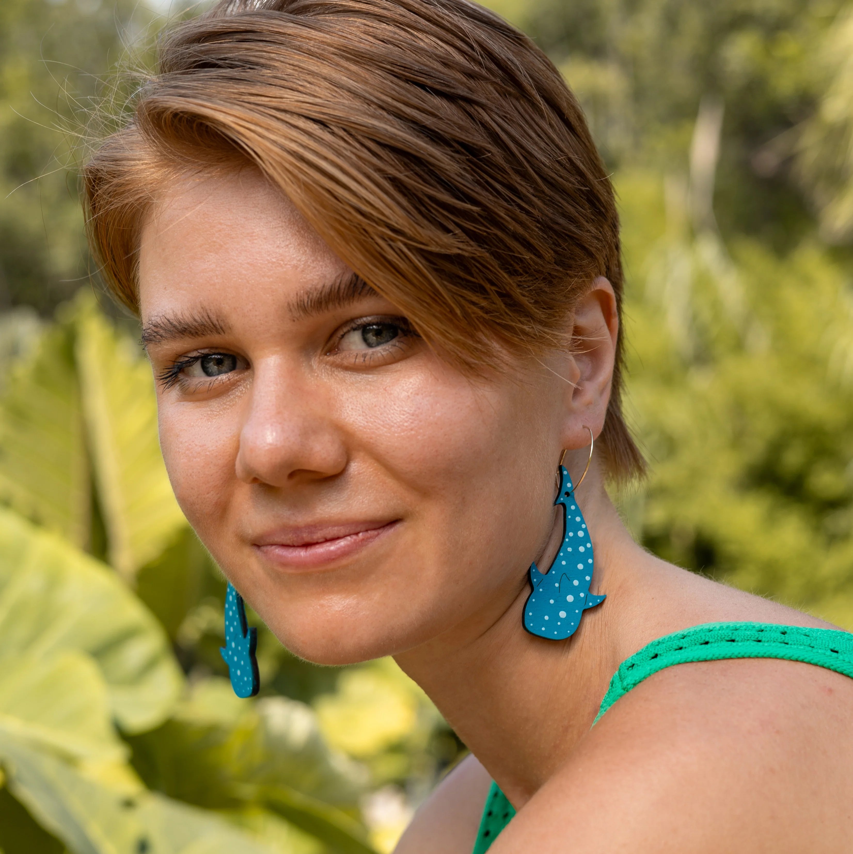 Additional view of Whale Shark Hoop Earrings hand painted on lightweight wood by LE CHIC MIAMI