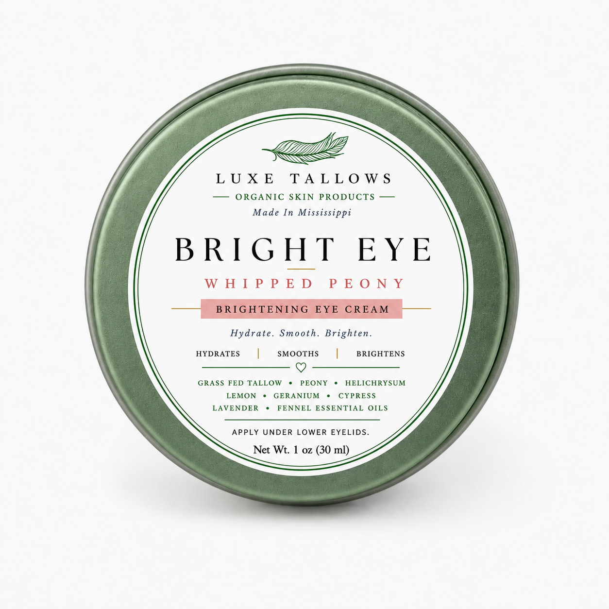 Whipped Peony Eye cream in a closed green tin