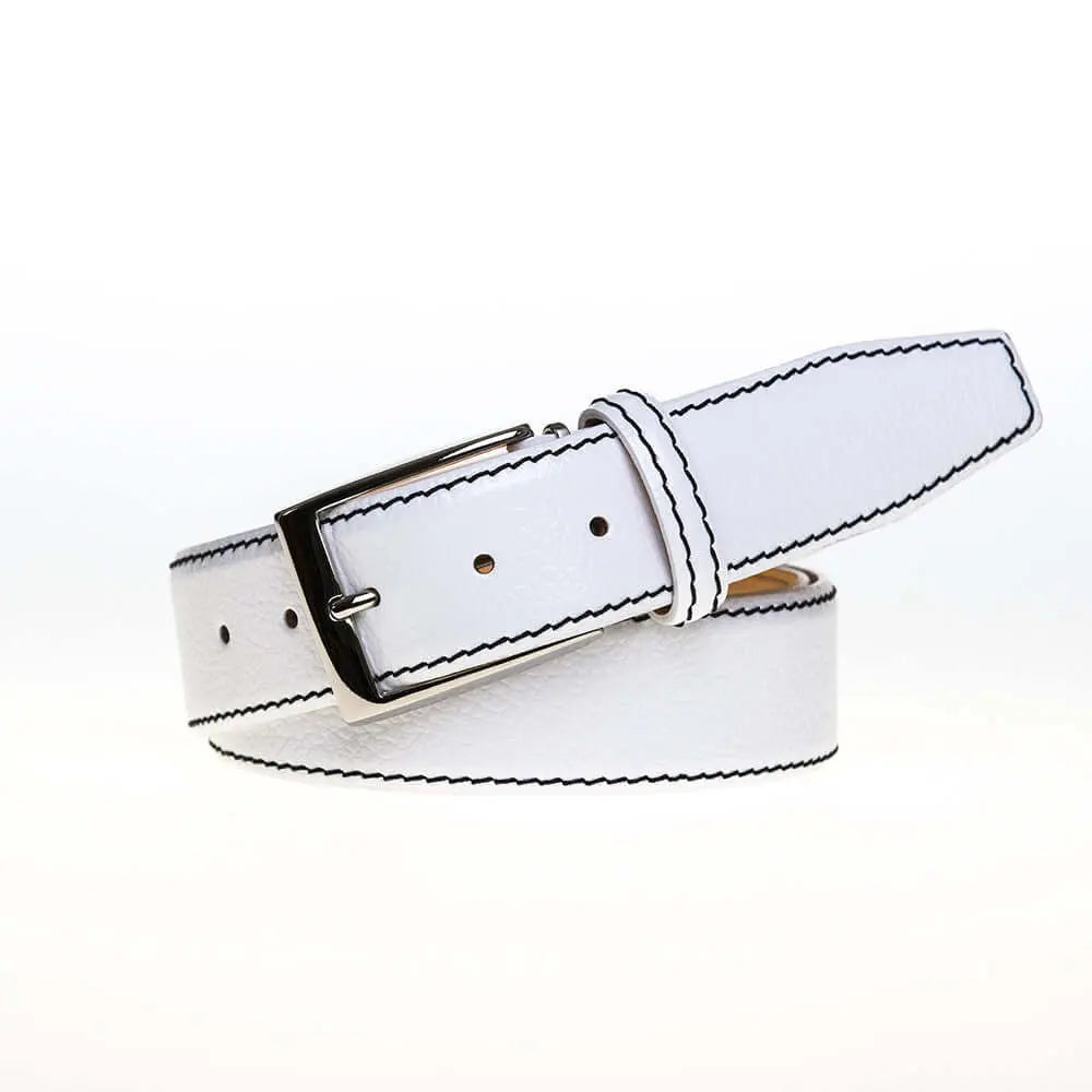 White Italian Pebble Grain Belt by Roger Ximenez: Bespoke Belts and Leather Accessories, handmade leather goods detail photo 3
