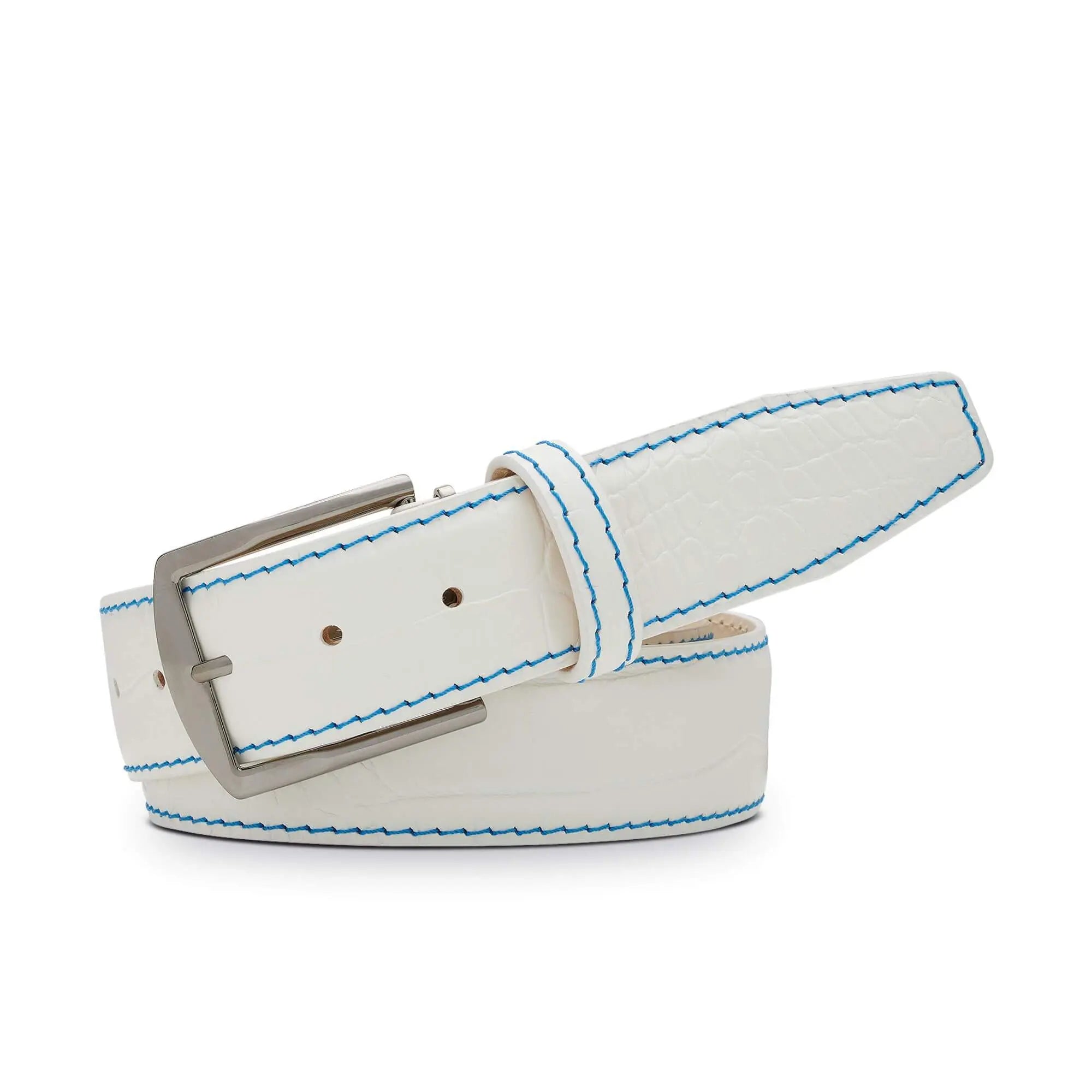 White Mock Croc Leather Belt by Roger Ximenez: Bespoke Belts and Leather Accessories, handmade leather goods main product photo