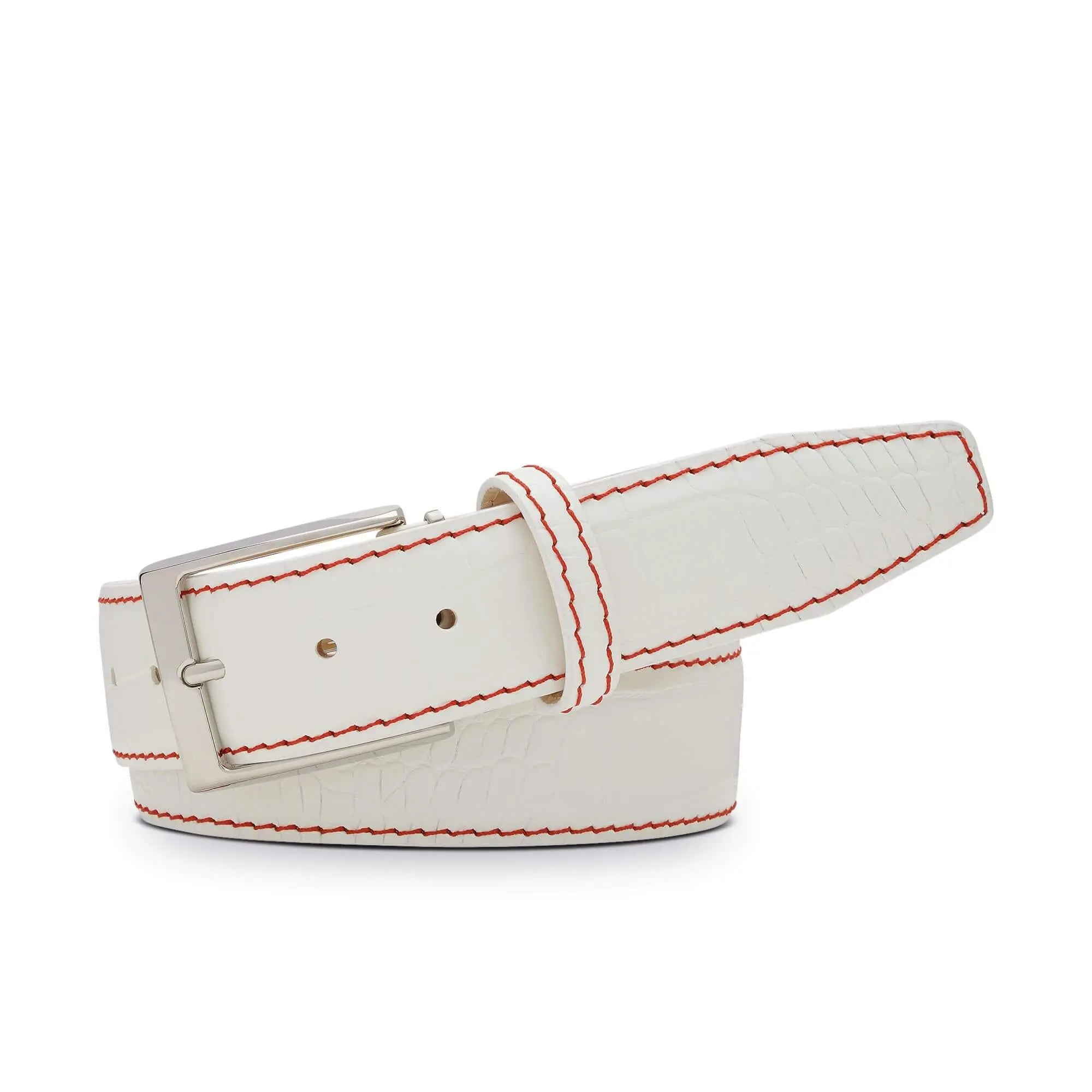 White Mock Croc Leather Belt by Roger Ximenez: Bespoke Belts and Leather Accessories, handmade leather goods detail photo 2