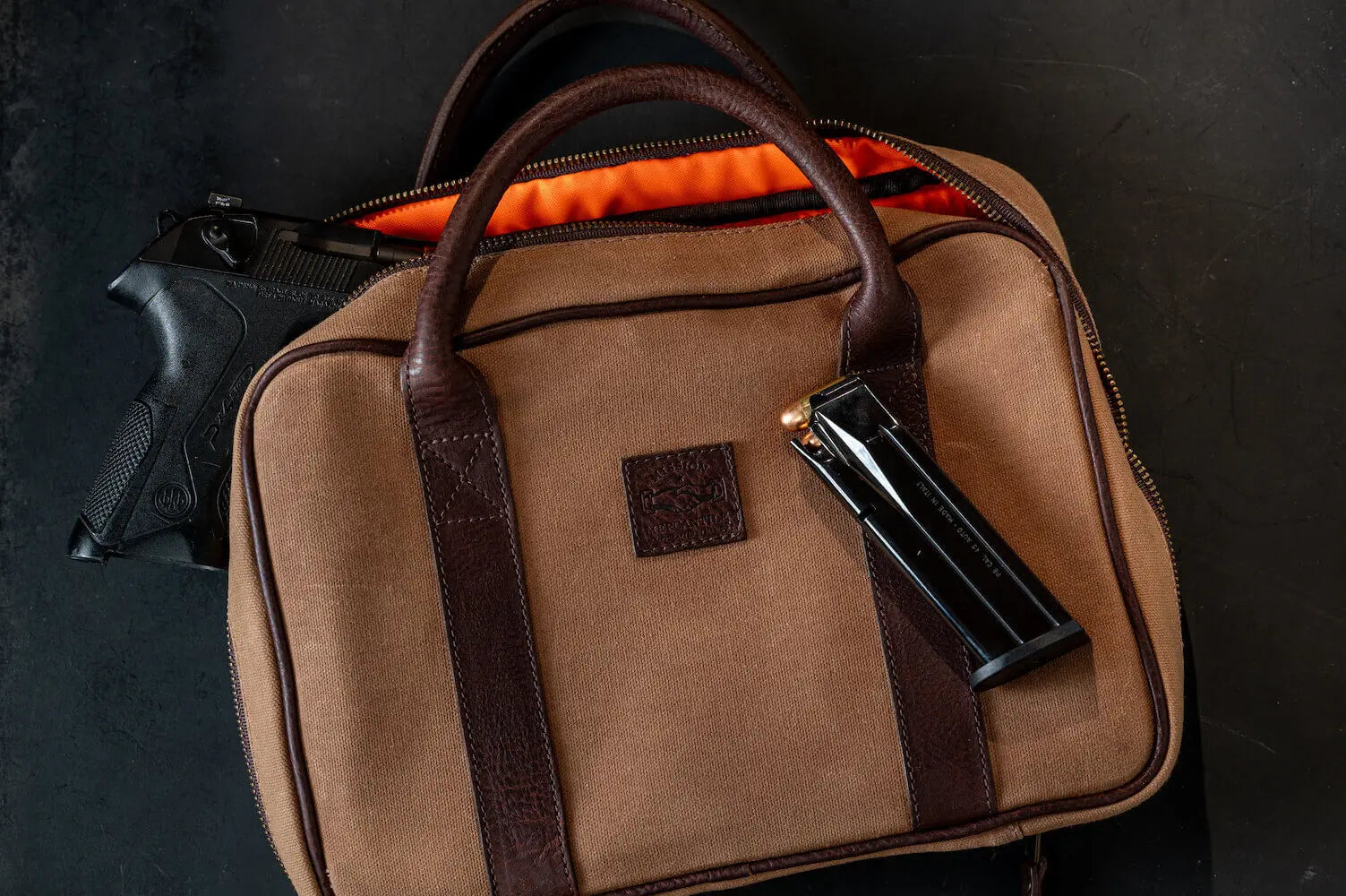 White Wing Waxed Canvas Deluxe Pistol Case by Mission Mercantile Leather Goods, handmade leather goods detail photo 2