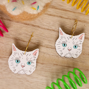 Persian White Cat Hoop Earrings hand painted on lightweight wood by LE CHIC MIAMI